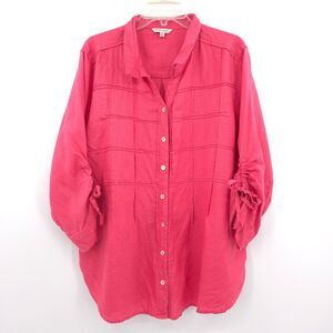 John Mark 100% linen button up top Size XL pink wire‎ collar ruched sleeves
